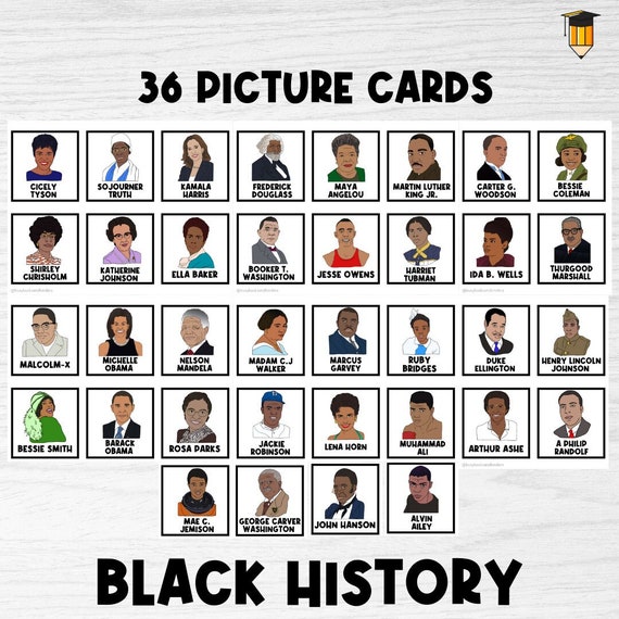 36 BLACK HISTORY Picture Cards | Bulletin Board Display | Black History Decor | African American | Pocket Chart | Visual Aid | Flashcards