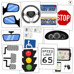 May include: Collection of driving-related illustrations, including a steering wheel, rearview mirrors, license plates, a stop sign, a speed limit sign, a traffic light, and a GPS device. Also included are driver's licenses, car keys, and a disabled parking sign.