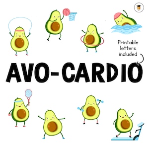 Puede incluir: Avo-Cardio es una ilustración divertida y colorida con aguacates de dibujos animados haciendo varios ejercicios, incluyendo saltar la cuerda, jugar al baloncesto, nadar, hacer hula hoop, levantar pesas, jugar al tenis y correr en una cinta de correr. El texto "AVO-CARDIO" está escrito en letras negras en negrita.