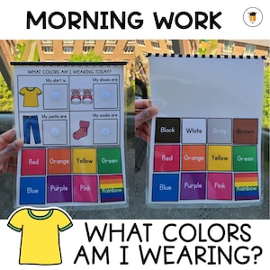 May include: A visual aid for learning colors and clothing. The image shows two clear plastic sheets with color swatches and clothing illustrations. Text includes "MORNING WORK" and "WHAT COLORS AM I WEARING TODAY?"