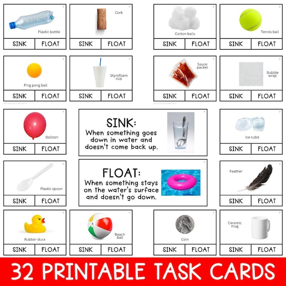 32 Sink or Float Task Cards | Observation Skills | Science Experiment for Kids | Clip Cards | Data Management | Properties of Materials