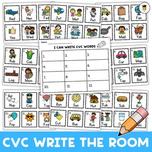 May include: A printable worksheet for kids to practice writing CVC words. The worksheet has 12 boxes with pictures of objects that start with CVC words. The words are: Rob, Cob, Log, Mom, Car, Map, Tap, Bat, Hop, Cop, Top, Bun, Sun, Hut, Tub, Sub, Bud, Pop, Hot, Fox, Cut, Bus, Run, Tug, Cup, and Ham.