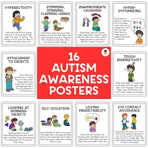 Puede incluir: Un conjunto de 16 carteles de Concienciación sobre el Autismo con ilustraciones coloridas y descripciones de texto. Los carteles cubren temas como la hiperactividad, el stimming y el apego a los objetos. El cartel central dice "16 Autism Awareness Posters."