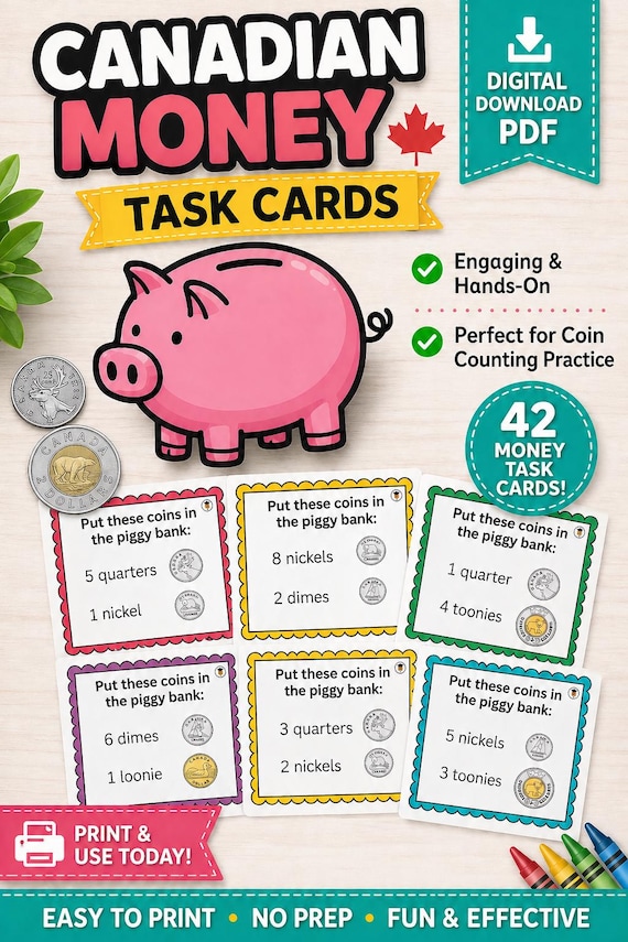 42 Canadian Money Task Cards | Financial Literacy | Canadian Coins | Learning Money | Money Math | Math Center | Counting | Currency
