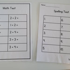 May include: Two black and white worksheets, one titled "Math Test" with simple addition problems and the other titled "Spelling Test" with numbered lines for writing words.