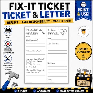 May include: A printable Fix-It Ticket and Fix-It Letter worksheet featuring prompts for reflection and accountability. The document includes lines for names, descriptions of events, and checkboxes for hurt feelings or body, alongside a hammer and heart icon.