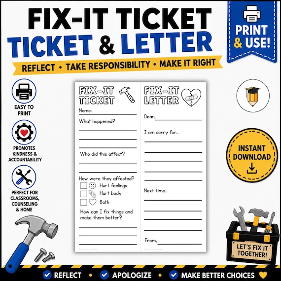 Fix It Ticket | Restorative Practices | Student Reflection Sheet & Apology Letter | Classroom Behavior Management | School Counselor | Sorry