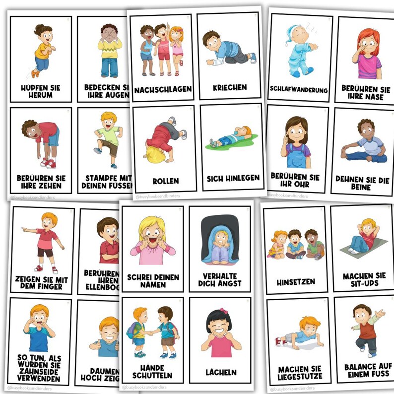 K&ouml;nnte beinhalten: Ein Satz von 18 bunten Lernkarten mit Illustrationen von Kindern, die verschiedene Aktionen ausf&uuml;hren. Jede Karte zeigt ein deutsches Wort, das die Aktion beschreibt, wie z. B. "Hupfen Sie Herum" (Springen Sie herum) und "Schrei Deinen Namen" (Schreien Sie Ihren Namen).