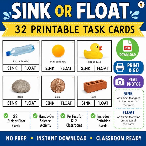 32 Sink or Float Task Cards | Observation Skills | Science Experiment for Kids | Clip Cards | Data Management | Properties of Materials