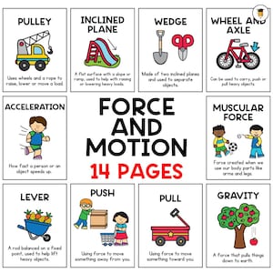 May include: Colourful illustrations of simple machines and forces of motion, including a pulley, inclined plane, wedge, wheel and axle, acceleration, lever, push, pull, and gravity. The text "Force and Motion 14 Pages" is at the top of the page.