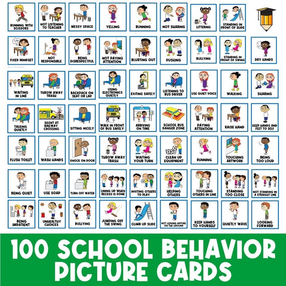 PHYSICAL COPY: 100 School Behaviors | School Expectations  | Student Behaviour | Behavior Chart | Task Card | Special Needs | Autism | Rules