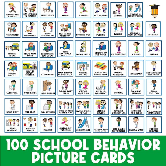 PHYSICAL COPY: 100 School Behaviors | School Expectations  | Student Behaviour | Behavior Chart | Task Card | Special Needs | Autism | Rules