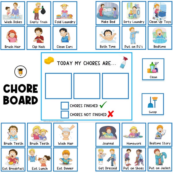 2 Chore Boards + 26 Picture Cards | Chore Chart | Daily Routine | First Then Board | Visual Aid | Visual Schedule | Chart | Task Card