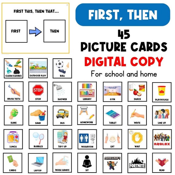 FIRST THEN: 45 Picture Cards | Reward Chart | Behavior Chart | Visual Aid | Incentive Chart | Toddler | Task Card | Special Needs | Token