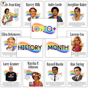 May include: A collection of portraits of LGBTQ+ icons, including Billie Jean King, Harvey Milk, Audre Lorde, and others. Each portrait is accompanied by a rainbow and text, with the words "LGBTQ+ History Month" prominently displayed.