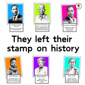 K&ouml;nnte beinhalten: Eine Collage aus sechs Briefmarken mit Portr&auml;ts einflussreicher Pers&ouml;nlichkeiten der amerikanischen und s&uuml;dafrikanischen Geschichte. Die Briefmarken sind in einem Raster angeordnet, mit dem Text "They left their stamp on history" in der Mitte. Die Personen sind Martin Luther King Jr., Nelson Mandela, Langston Hughes, Mae Jemison, Maya Angelou und Rosa Parks.