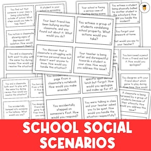 Escenarios sociales escolares / Resolución de problemas / Tarjetas de tareas / Niños / Escuela secundaria / Historia social / Bullying / Juegos de rol / Teatro / Tarjetas didácticas