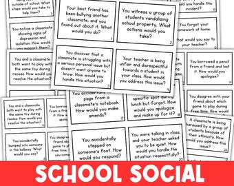 May include: A set of 22 colorful cards with different school social scenarios printed on them. Each card has a question about how to handle a specific situation. The cards are designed to help students learn about social skills and conflict resolution.