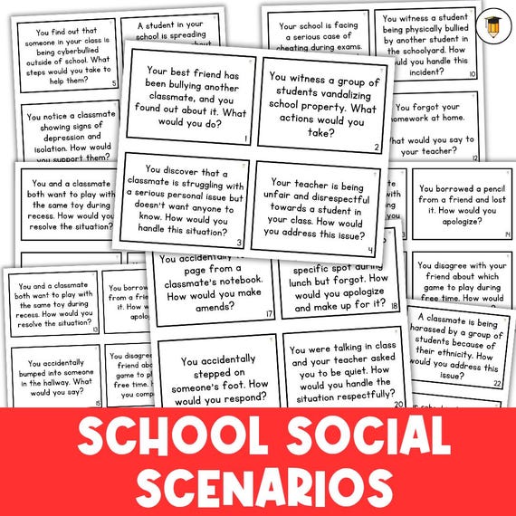 School Social Scenarios | Problem Solving | Task Cards | Kids | Middle School | Social Story | Bullying | Role Playing | Drama | Flashcards