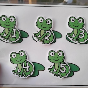 May include: Five green frogs with numbers 1 to 5 on their bellies, each sitting on a green lily pad.