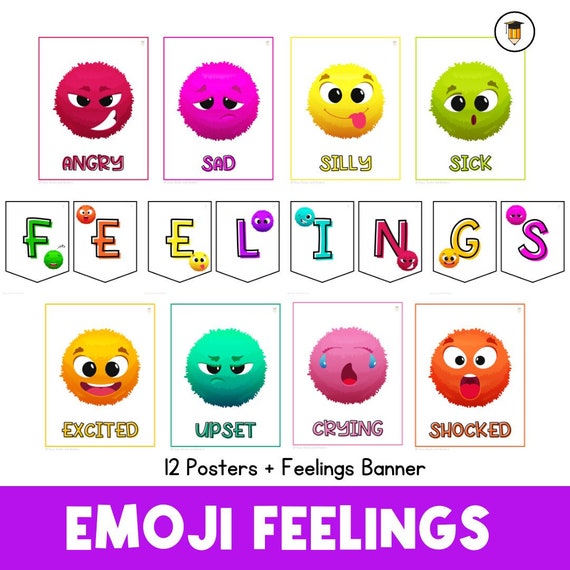 12 Emoji Feelings Posters and Banners | Emotions | Picture Cards | Adjectives | Parts of Speech | Self- Regulation | SEL | Social Emotional
