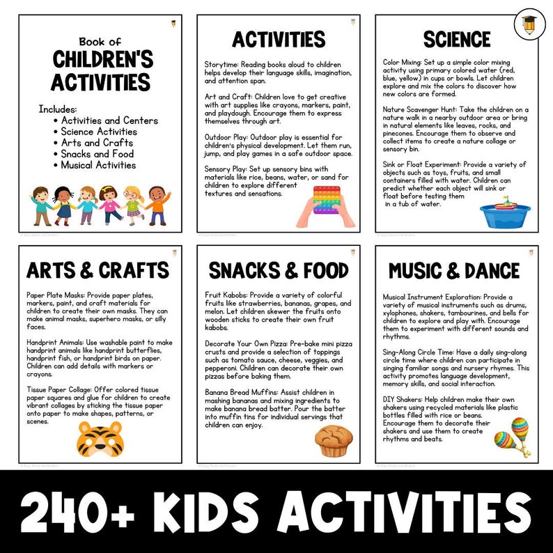 May include: A colourful chart titled "Book of Children's Activities" with a list of activities for children, including arts and crafts, snacks and food, music and dance, and science. The chart is divided into sections with colourful illustrations.