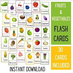 Fruits and Vegetables Flashcards | Preschool Flash Cards | Watercolor Activities | Busy Book | Kindergarten Vocabulary | Printables Download
