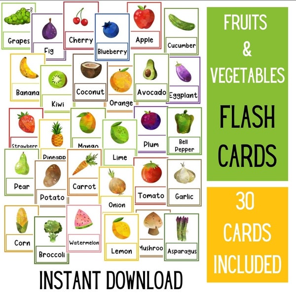 Fruits and Vegetables Flashcards | Preschool Flash Cards | Watercolor Activities | Busy Book | Kindergarten Vocabulary | Printables Download