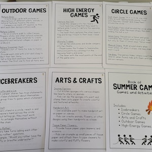 May include: A white sheet of paper with black text outlining summer camp activities. The text includes categories for icebreakers, circle games, arts and crafts, outdoor games, and high-energy games. A campfire illustration is in the upper right corner.