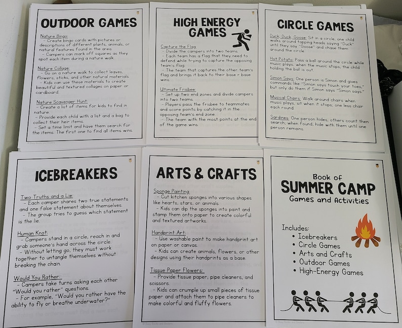 May include: A white sheet of paper with black text outlining summer camp activities. The text includes categories for icebreakers, circle games, arts and crafts, outdoor games, and high-energy games. A campfire illustration is in the upper right corner.