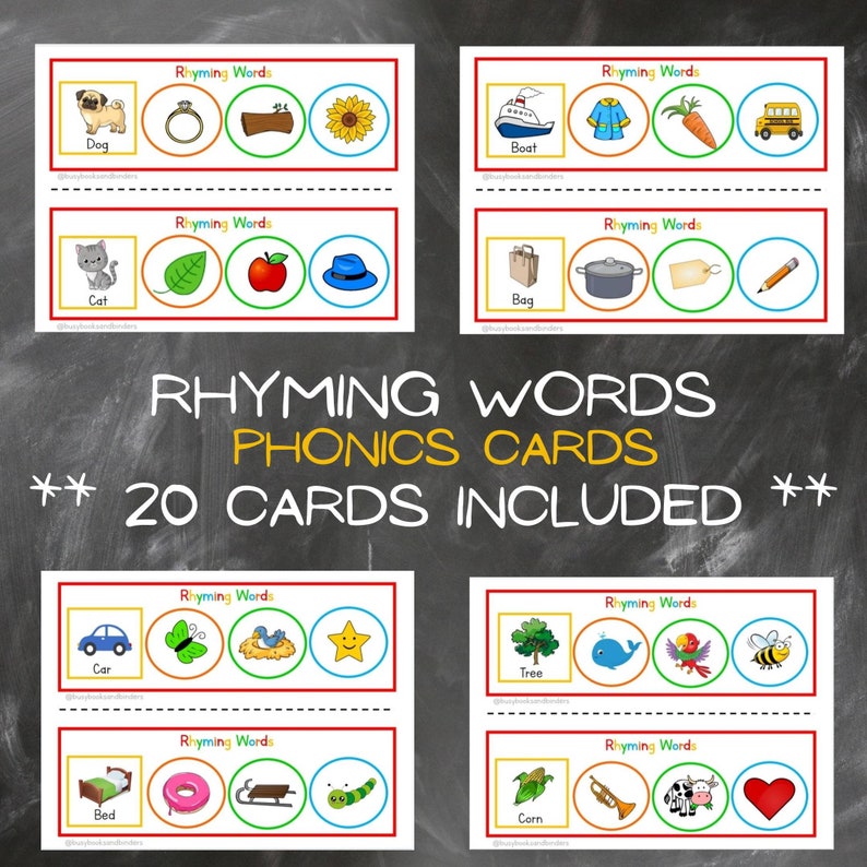 May include: A set of 20 rhyming word phonics cards featuring colorful illustrations of various objects. The cards are designed to help children learn about rhyming words and improve their phonics skills.