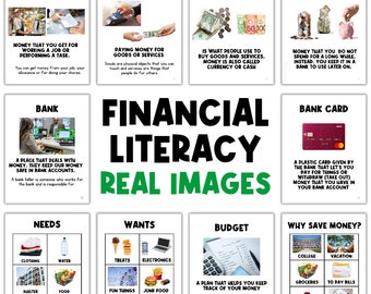 May include: A colorful infographic poster with illustrations and text explaining financial literacy concepts like income, spending, money, savings, bank, needs, wants, budget, and why save money.