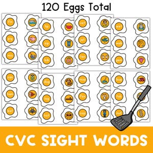 May include: A set of 120 printable CVC sight word flashcards. Each word is printed on a yellow egg-shaped card with a corresponding picture. The words include "fin", "vet", "lip", "wet", "pig", "jet", "zip", "web", "mix", "ten", "bib", "gem", "can", "mop", "bug", "dog", "ham", "fox", "tub", "log", "bat", "hot", "cop", and "nut".