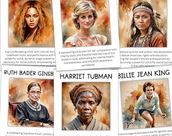 May include: A collage of six portraits of influential women, each with a caption describing their accomplishments. The women are Beyoncé, Princess Diana, Sarah Winnemucca, Ruth Bader Ginsburg, Harriet Tubman, and Billie Jean King.