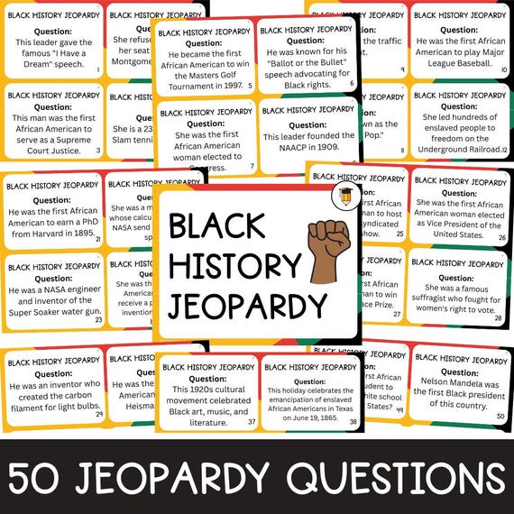 50 Black History Month Quiz | Bulletin Board Display | Black History Decor | African American History | Printable Flashcards | Group Game