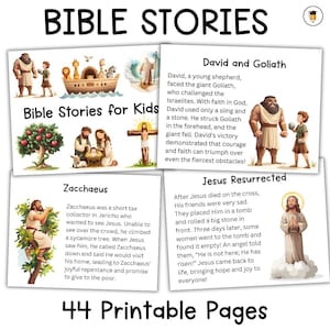 May include: A set of 44 printable pages featuring colorful illustrations of Bible stories for kids. The stories include David and Goliath, Zacchaeus, and Jesus Resurrected. Each page has a title and a short description of the story.