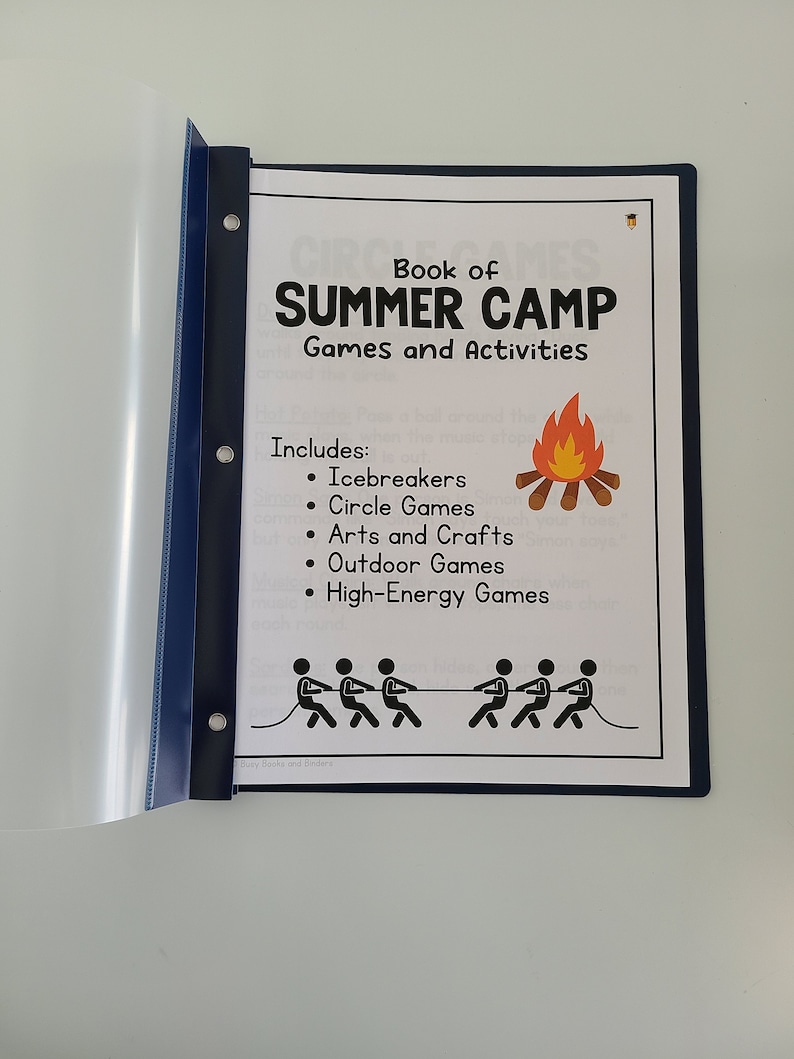 May include: A blue binder with a white page showing a list of summer camp games and activities. The page includes the text "Book of Summer Camp Games and Activities" and a list of activities including "Icebreakers", "Circle Games", "Arts and Crafts", "Outdoor Games", and "High-Energy Games".