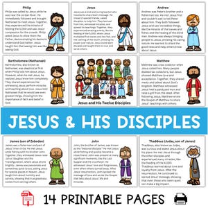 Op de afbeelding: Een afdrukbare PDF van 14 pagina's met Jezus en zijn twaalf discipelen. Elke figuur is geïllustreerd met een korte biografie. Ideaal voor educatieve doeleinden, biedt de bron informatie over belangrijke bijbelse figuren.