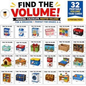 May include: Educational printable task cards for grades 4-6, featuring 32 volume problems. The colorful illustrations include cereal boxes, milk cartons, and other objects with dimensions in centimeters, designed to help students measure and calculate volume.