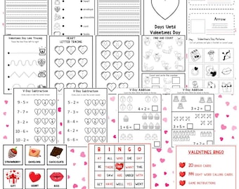 88 Valentine's Day Worksheet Bundle | Busy Book | Homeschool Printables, Preschool Valentines Bingo | Valentine's Day Activity Worksheets