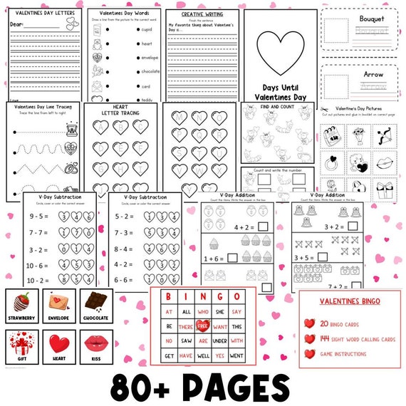 88 Valentine's Day Worksheet Bundle | Busy Book | Homeschool Printables, Preschool Valentines Bingo | Valentine's Day Activity Worksheets