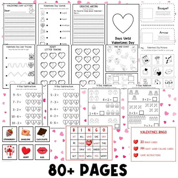 88 Valentine's Day Worksheet Bundle | Busy Book | Homeschool Printables, Preschool Valentines Bingo | Valentine's Day Activity Worksheets