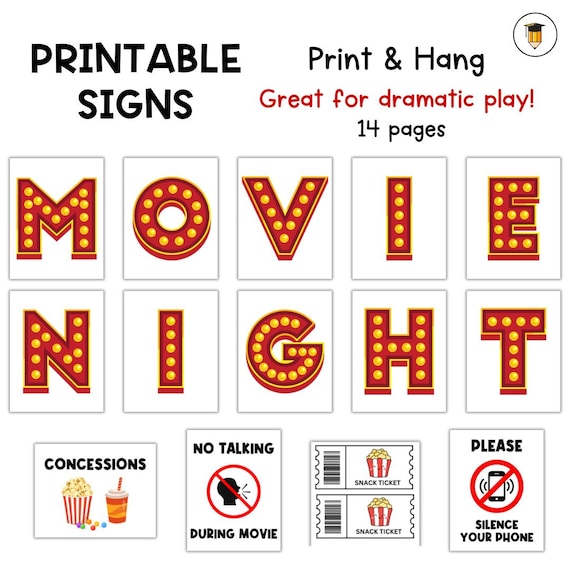 Movie Night Sign | Dramatic Play | Teacher Play | Learning | Pretend Play | Preschool Toddler Activities | Homeschool | Printable | Family