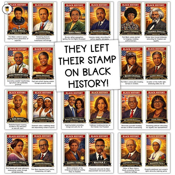 40 Stamp Posters | Black History Poster Stamps | Bulletin Board Display | Black History Decor | African American History | Printable Decor