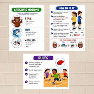 Pode incluir: Cartazes educativos com instru&ccedil;&otilde;es para um jogo infantil. Os cartazes incluem ilustra&ccedil;&otilde;es de um urso, peixe e mosquito, juntamente com regras e instru&ccedil;&otilde;es. O jogo envolve movimento e som.