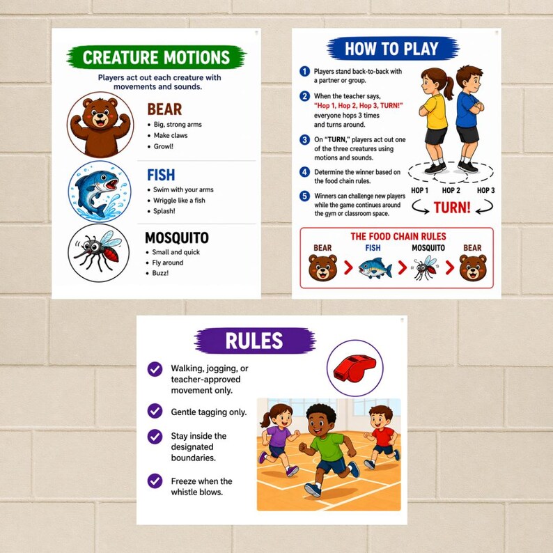 Pode incluir: Cartazes educativos com instru&ccedil;&otilde;es para um jogo infantil. Os cartazes incluem ilustra&ccedil;&otilde;es de um urso, peixe e mosquito, juntamente com regras e instru&ccedil;&otilde;es. O jogo envolve movimento e som.