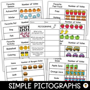 May include: A printable worksheet with multiple charts that use pictures to represent data. The charts are titled "Favourite Season", "Favourite Fast Food", "Favourite Pet", "Favourite Activity", "Favourite Drink", "Get to School", and "Number of Burgers Eaten". The charts are designed to help children learn about data and how to interpret it.