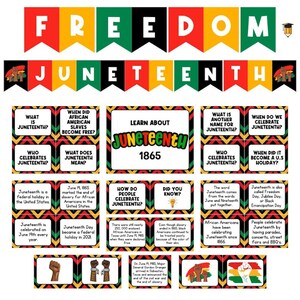 K&ouml;nnte beinhalten: Ein farbenfroher, druckbarer Bildungsplakat &uuml;ber Juneteenth, einen bundesweiten Feiertag in den Vereinigten Staaten, der an die Emanzipation der versklavten Afroamerikaner erinnert. Das Plakat zeigt ein Banner mit dem Wort "FREEDOM" und "JUNETEENTH" in Rot, Gelb, Gr&uuml;n und Schwarz. Das Plakat enth&auml;lt auch mehrere Fragen und Antworten zu Juneteenth, wie z. B. "Was ist Juneteenth?" und "Wann wurden die afroamerikanischen Sklaven befreit?"