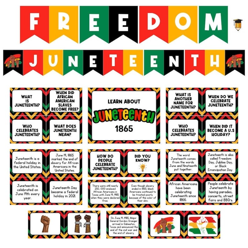 K&ouml;nnte beinhalten: Ein farbenfroher, druckbarer Bildungsplakat &uuml;ber Juneteenth, einen bundesweiten Feiertag in den Vereinigten Staaten, der an die Emanzipation der versklavten Afroamerikaner erinnert. Das Plakat zeigt ein Banner mit dem Wort "FREEDOM" und "JUNETEENTH" in Rot, Gelb, Gr&uuml;n und Schwarz. Das Plakat enth&auml;lt auch mehrere Fragen und Antworten zu Juneteenth, wie z. B. "Was ist Juneteenth?" und "Wann wurden die afroamerikanischen Sklaven befreit?"
