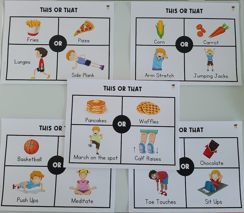 May include: A set of four colorful printable "This or That" game cards featuring images of food, exercise, and activities. The cards are designed for children and feature bright colors and fun illustrations.